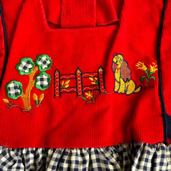 Vintage 90s Piano Kids Fashion Dress Girls 4T Gingham Check Corduroy Embroidered - Picture 3 of 4